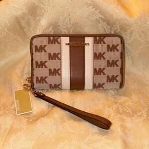 Michael Kors Tan and White Logo Wristlet